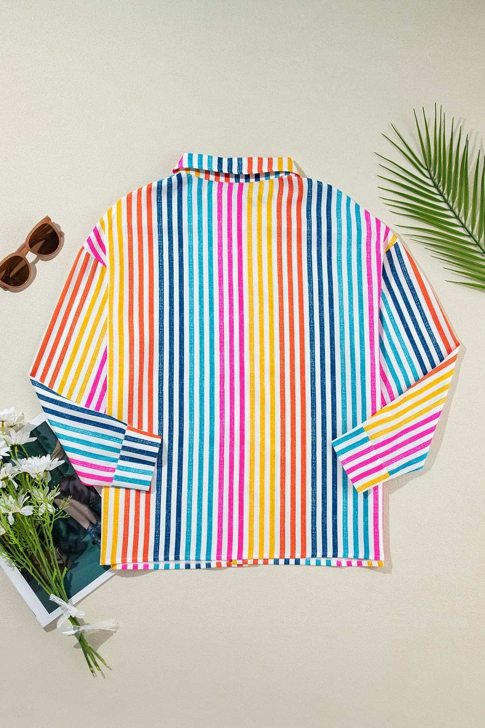 Striped Collared Neck Long Sleeve Shirt - Trendsi - Flyclothing LLC