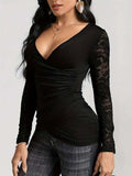 Lace Ruched Surplice Long Sleeve Top - Trendsi - Flyclothing LLC