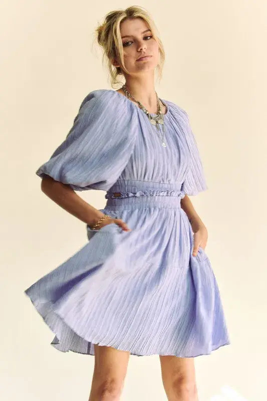 Davi & Dani Back Button Puff Sleeve Mini Dress - Trendsi - Flyclothing LLC