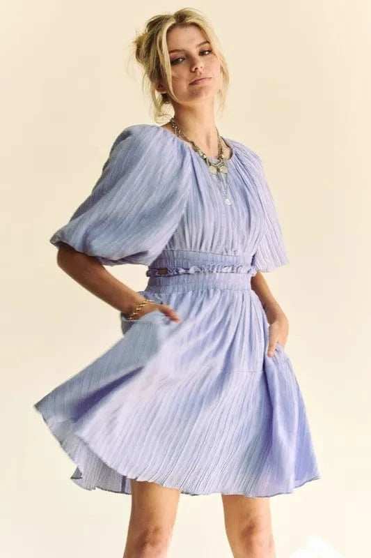 Davi & Dani Back Button Puff Sleeve Mini Dress - Trendsi - Flyclothing LLC