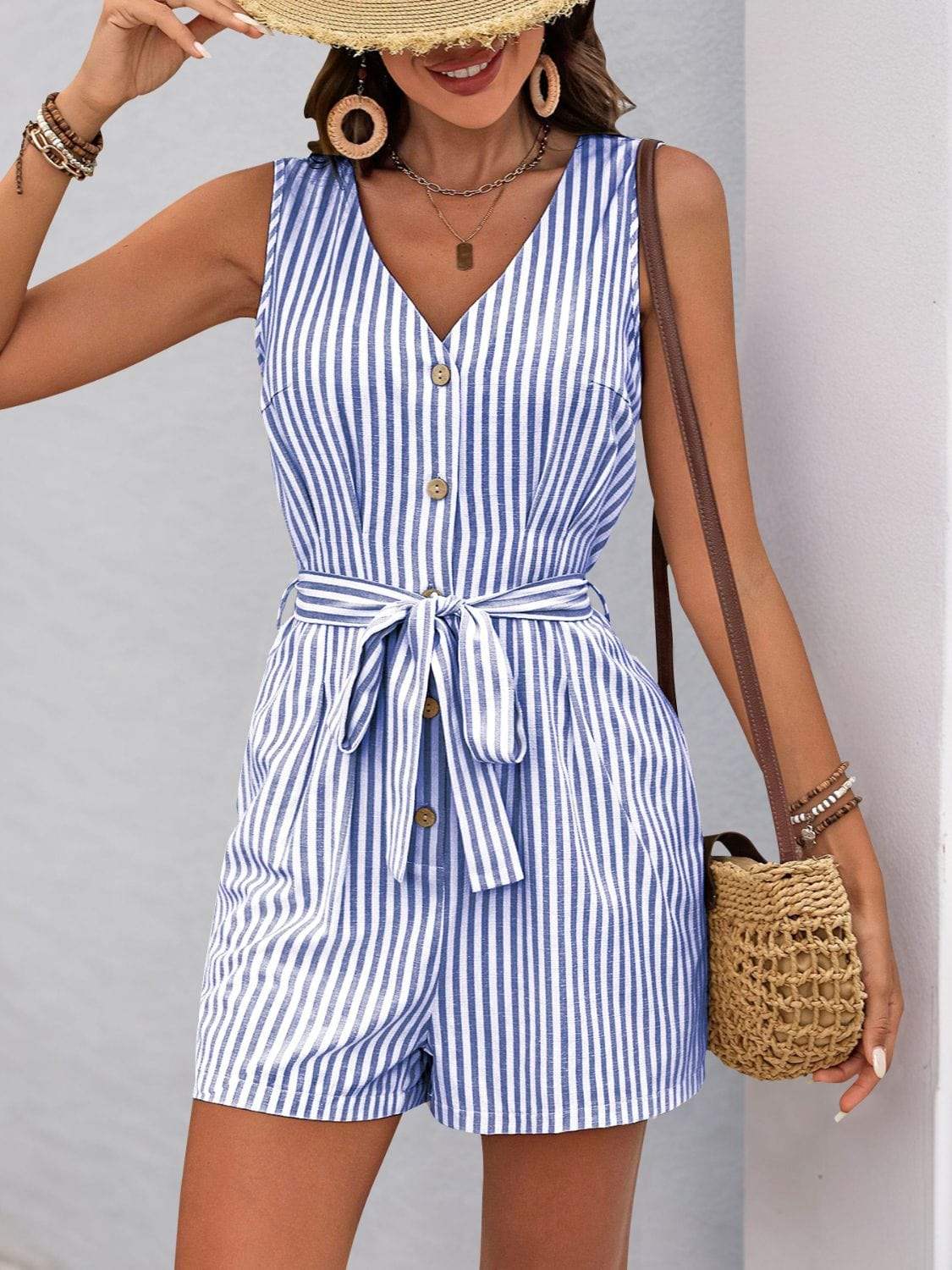 Perfee Striped V-Neck Tie Waist Romper - Trendsi - Flyclothing LLC