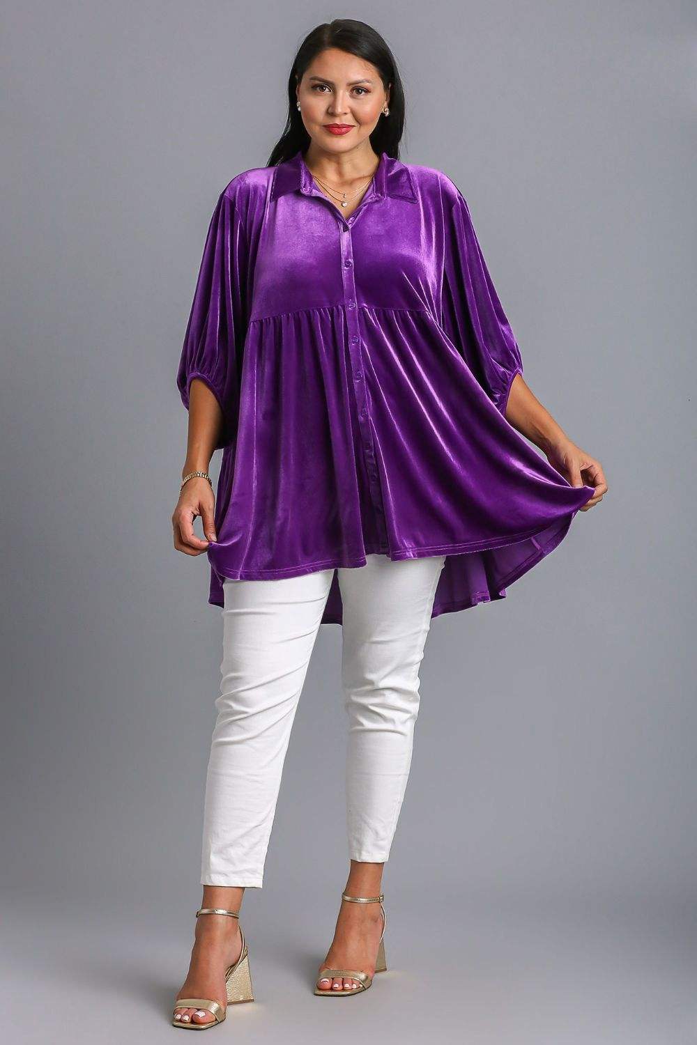Umgee Full Size Button Down Tiered Back High Low Shirt - Trendsi - Flyclothing LLC