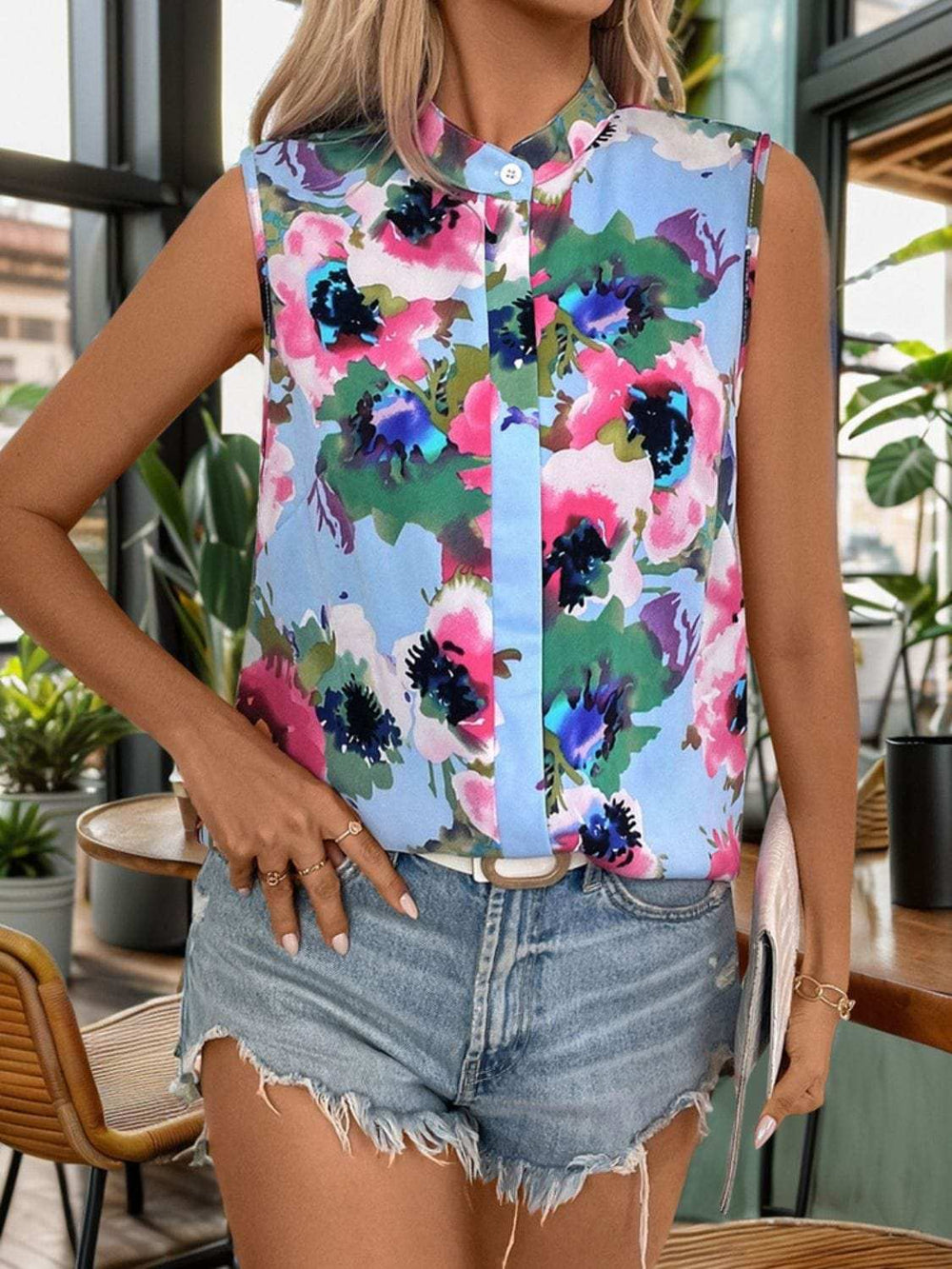 Printed Round Neck Sleeveless Blouse - Trendsi - Flyclothing LLC