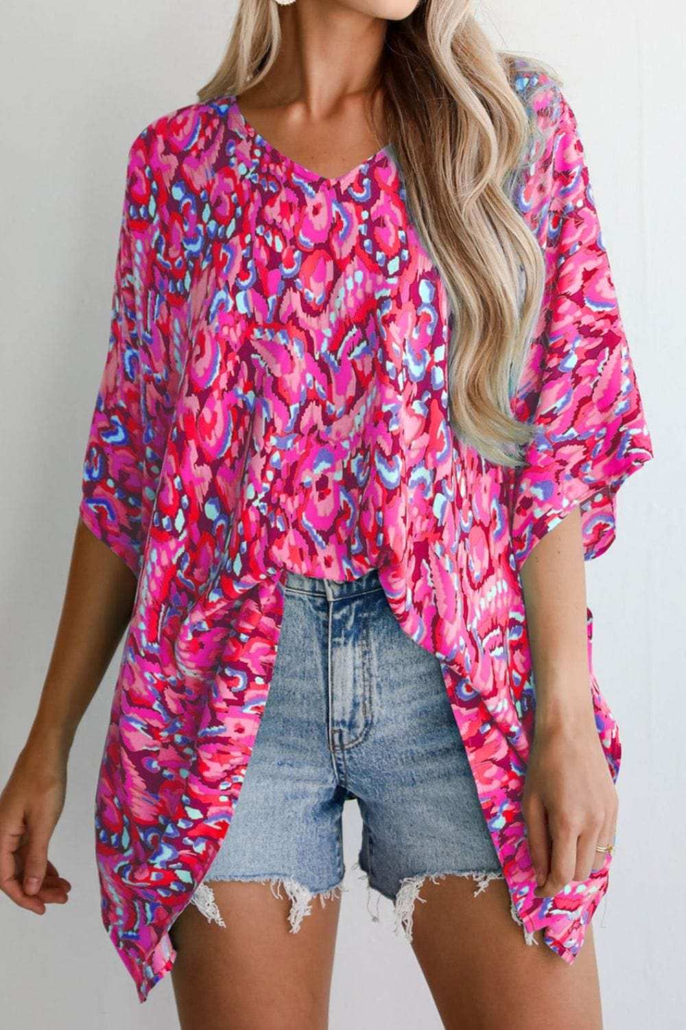 Abstract Print V Neck Half Sleeve Loose Fit Blouse - Trendsi - Flyclothing LLC