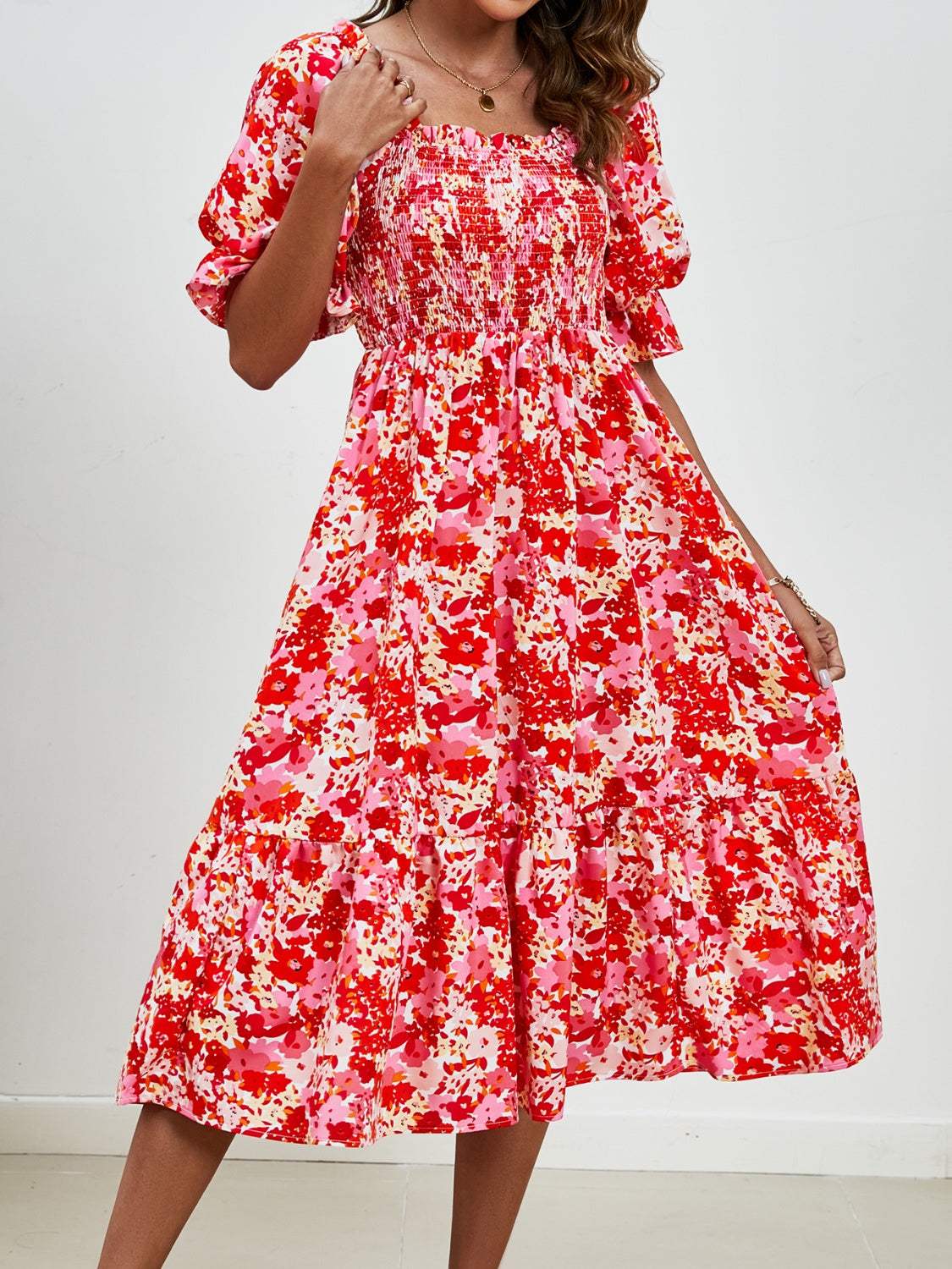 Smocked Floral Square Neck Short Sleeve Dress - Trendsi - Flyclothing LLC