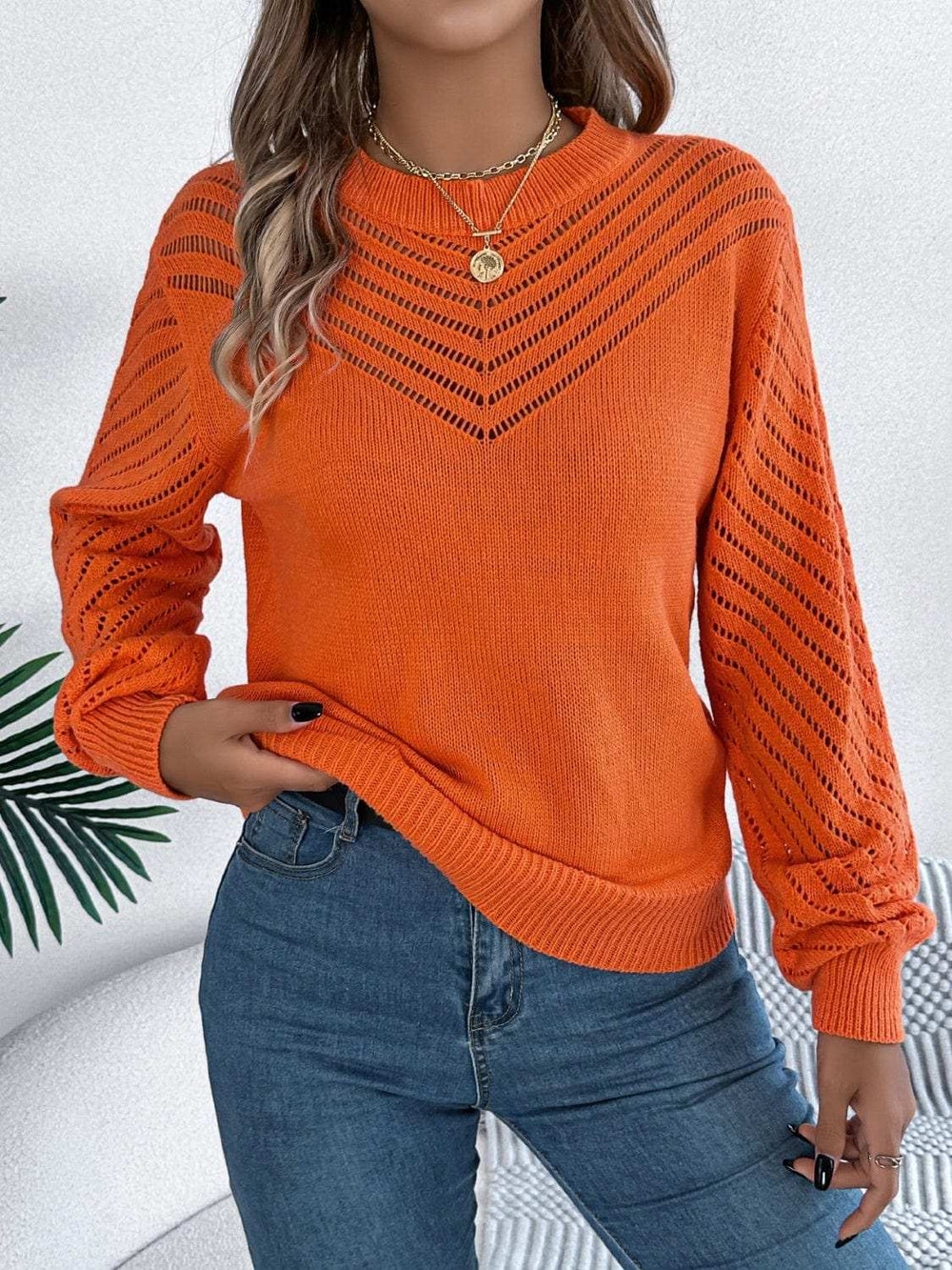 Openwork Round Neck Long Sleeve Knit Top - Trendsi - Flyclothing LLC