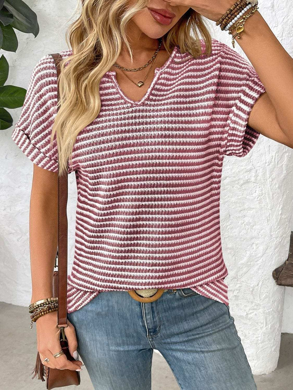 Striped Notched Short Sleeve T-Shirt - Trendsi - Flyclothing LLC