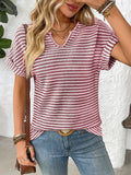 Striped Notched Short Sleeve T-Shirt - Trendsi