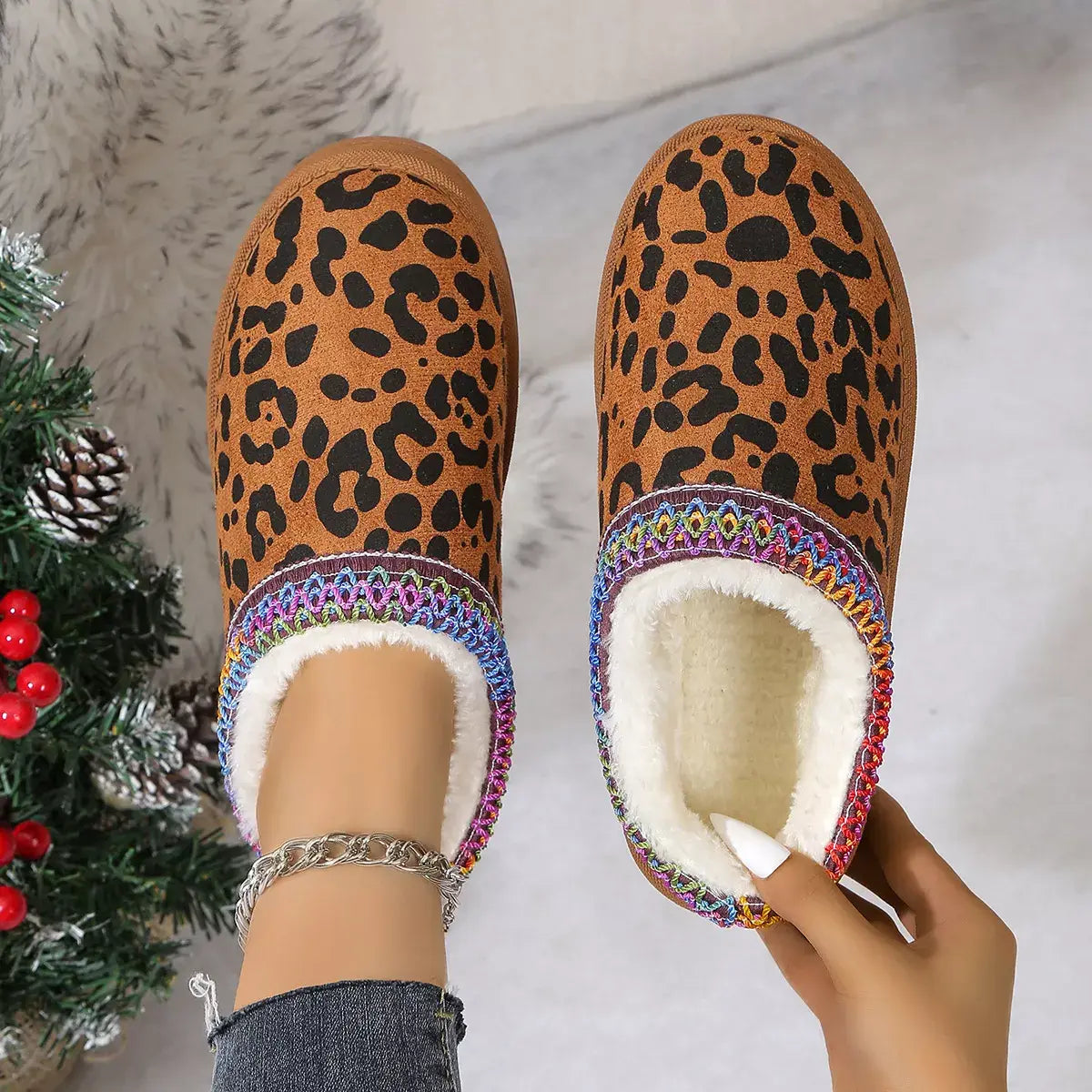 Leopard Print Plush Lined Warm Slip-Ons - Trendsi - Flyclothing LLC