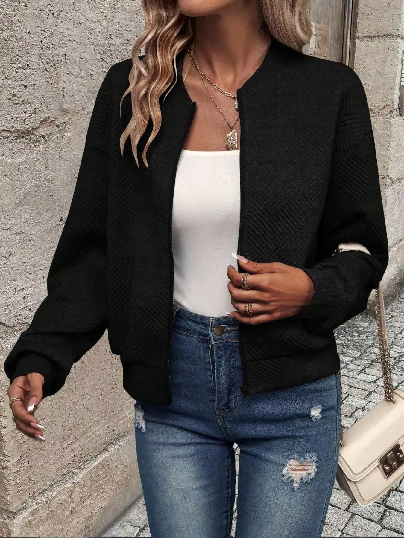 Texture Zip-Up Bomber Jacket - Trendsi - Flyclothing LLC