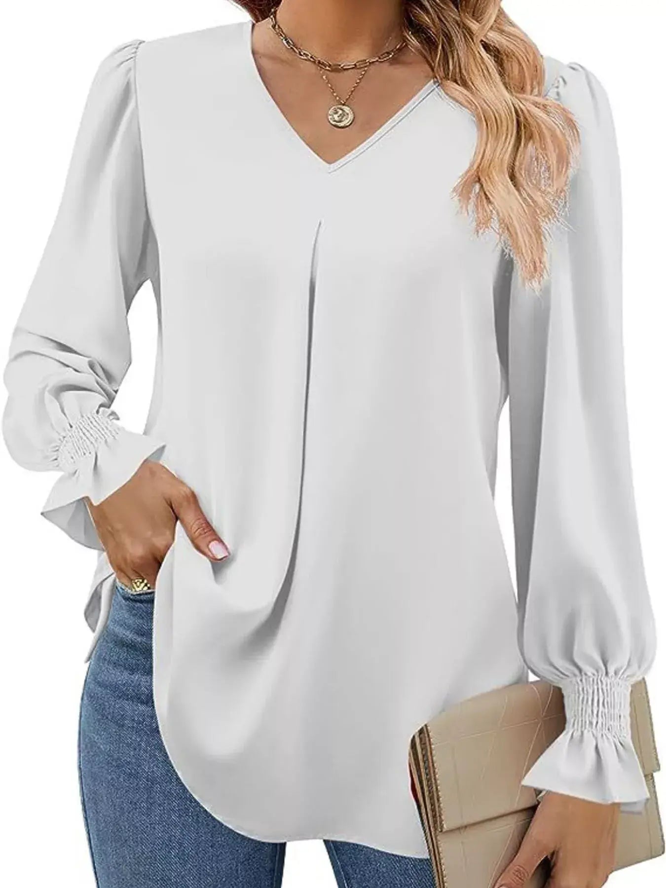 V-Neck Long Sleeve Ruffle Cuff Blouse - Trendsi - Flyclothing LLC