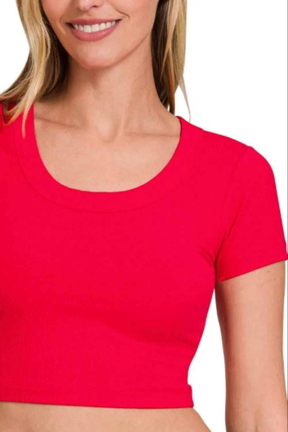 Zenana Ribbed Scoop Neck Crop Short Sleeve Top - Trendsi - Flyclothing LLC