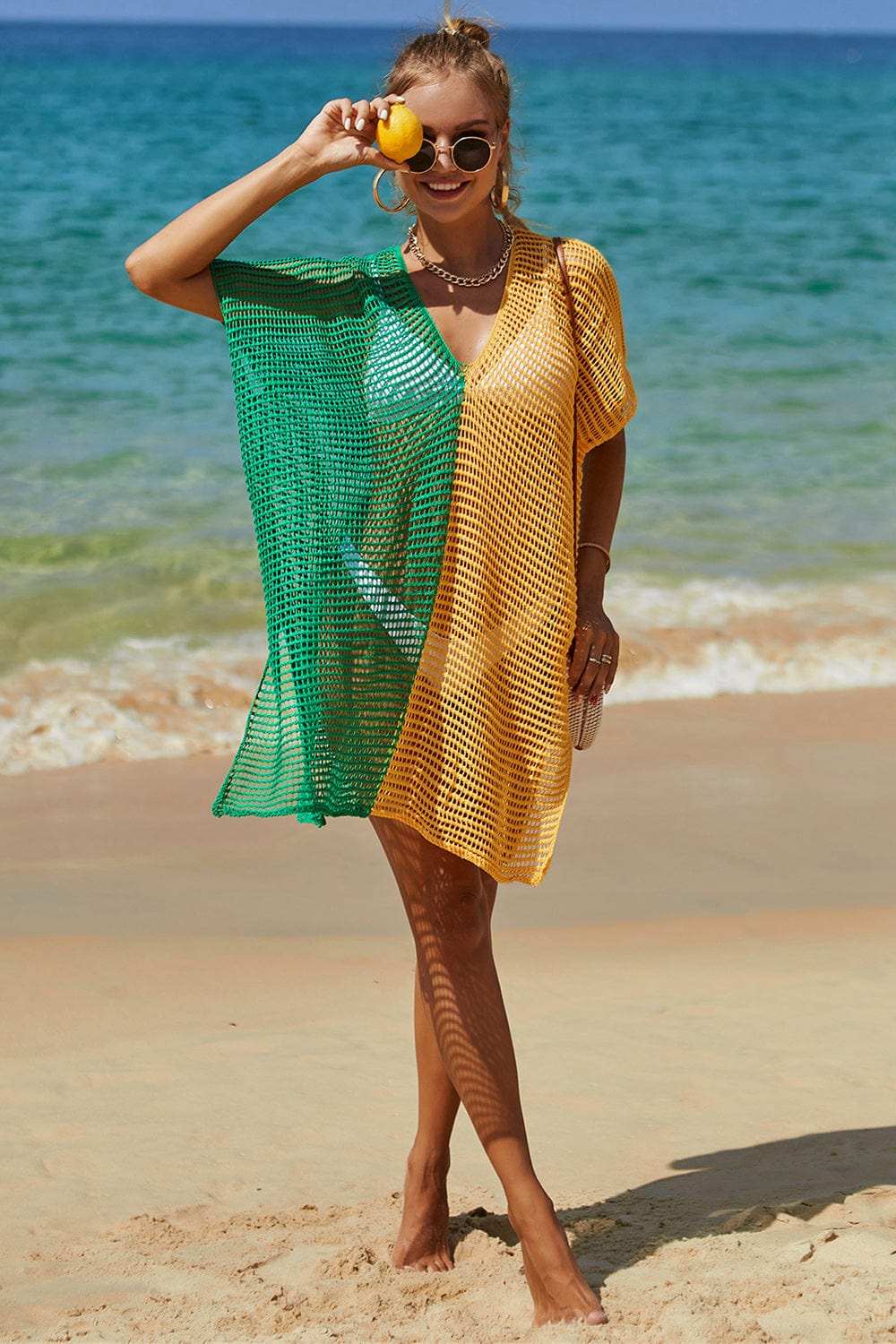 Double Take Openwork Contrast Slit Knit Cover Up - Trendsi - Flyclothing LLC