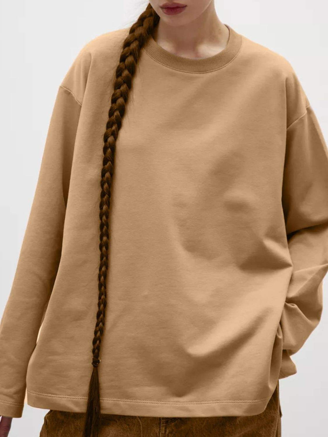 Round Neck Dropped Shoulder Long Sleeve T-Shirt - Trendsi - Flyclothing LLC