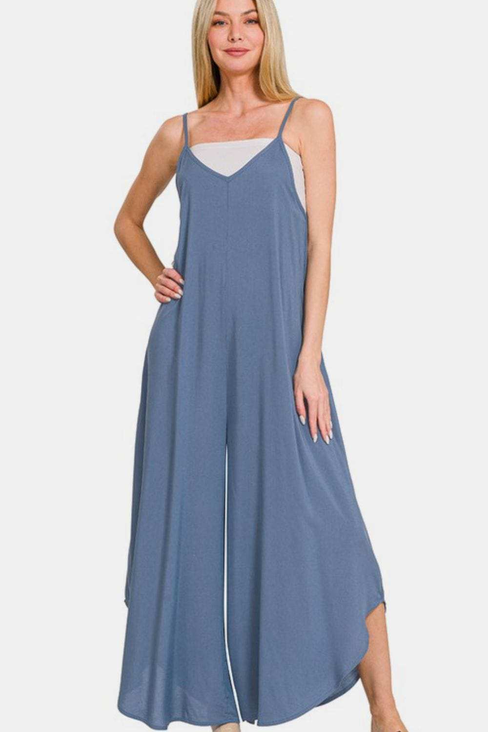 Zenana Spaghetti Strap Wide Leg Overalls with Pockets - Trendsi - Flyclothing LLC
