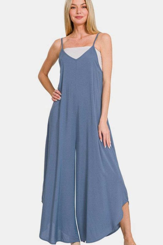 Zenana Spaghetti Strap Wide Leg Overalls with Pockets - Trendsi - Flyclothing LLC