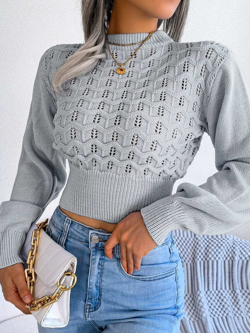 Openwork Mock Neck Long Sleeve Cropped Sweater - Trendsi - Flyclothing LLC