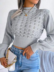 Openwork Mock Neck Long Sleeve Cropped Sweater - Trendsi