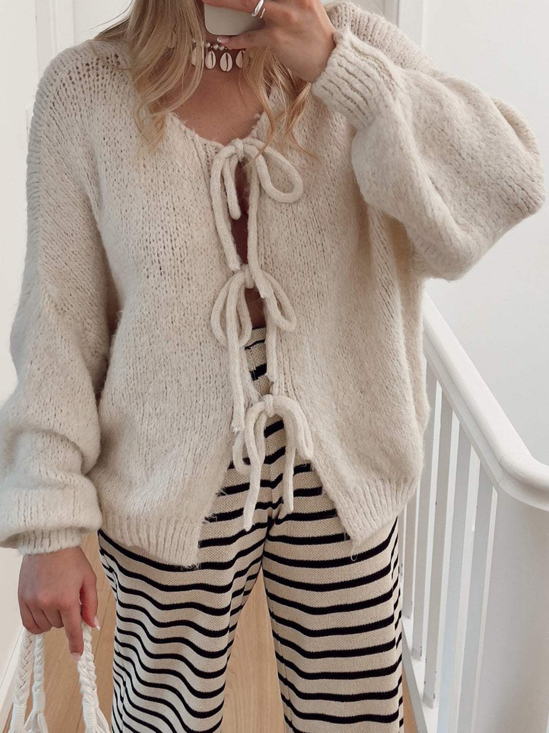 Tied Long Sleeve Dropped Shoulder Cardigan - Trendsi - Flyclothing LLC