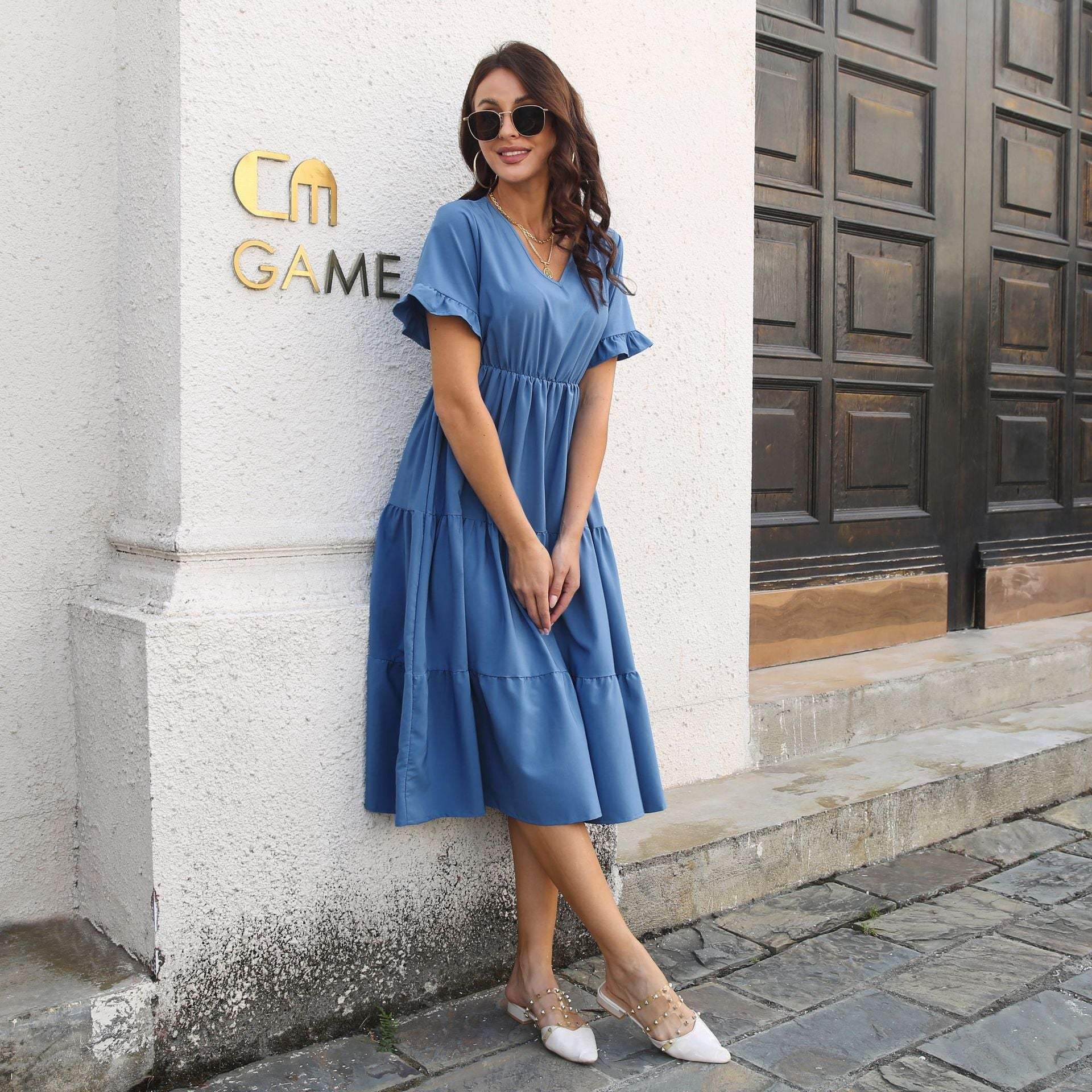 V-Neck Short Sleeve Midi Dress - Trendsi - Flyclothing LLC