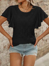 Eyelet Round Neck Flutter Sleeve Top - Trendsi - Flyclothing LLC
