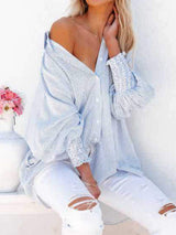 Striped Collared Neck Long Sleeve Shirt - Trendsi - Flyclothing LLC
