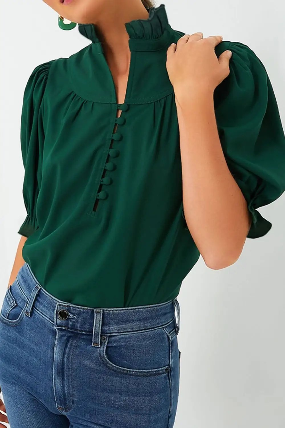 Puff Sleeve Frilled Trim Elegant Blouse - Trendsi