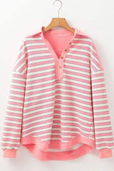 Striped Johnny Collar Long Sleeve Sweatshirt - Trendsi - Flyclothing LLC