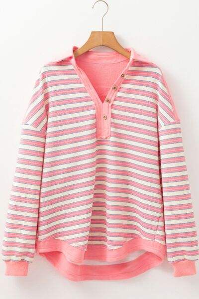 Striped Johnny Collar Long Sleeve Sweatshirt - Trendsi - Flyclothing LLC