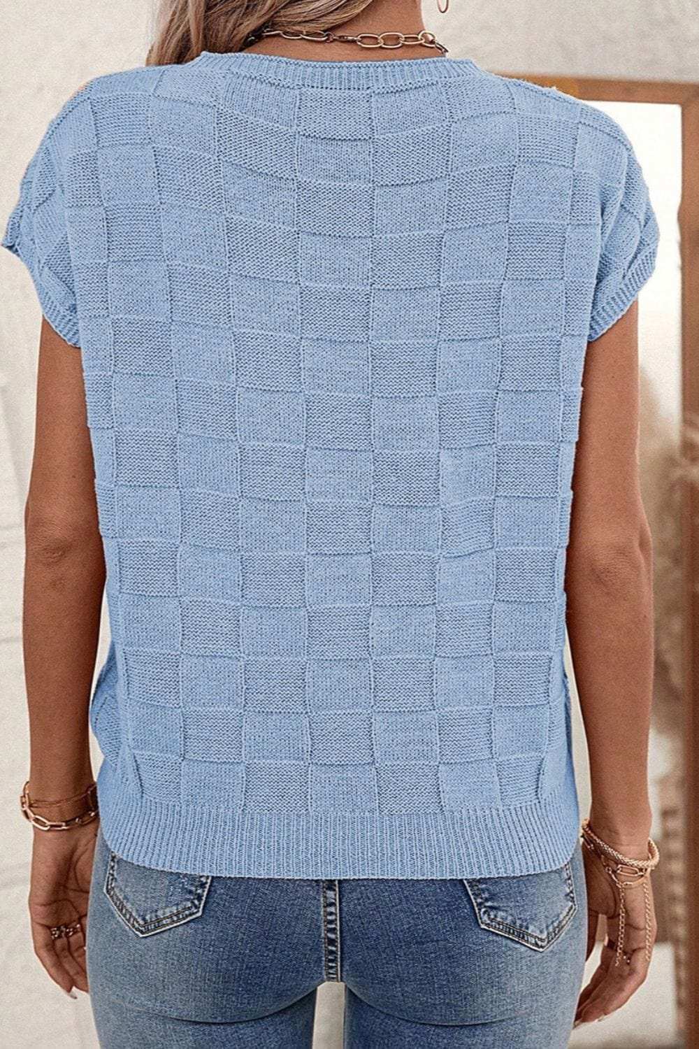 Pocketed Checkered Round Neck Knit Top - Trendsi - Flyclothing LLC