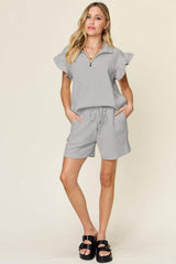 Double Take Full Size Texture Flounce Sleeve Top and Drawstring Shorts Set - Trendsi - Flyclothing LLC
