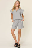 Double Take Full Size Texture Flounce Sleeve Top and Drawstring Shorts Set - Trendsi - Flyclothing LLC