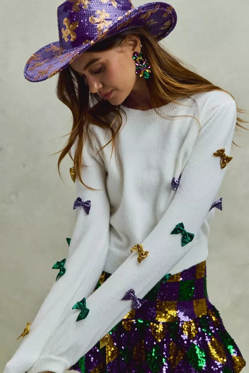 SO ME Mardi Gras Glitter Bow Ribbon Sweater Knit Top - Trendsi - Flyclothing LLC