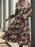 Perfee Printed Notched Long Sleeve Midi Dress - Trendsi