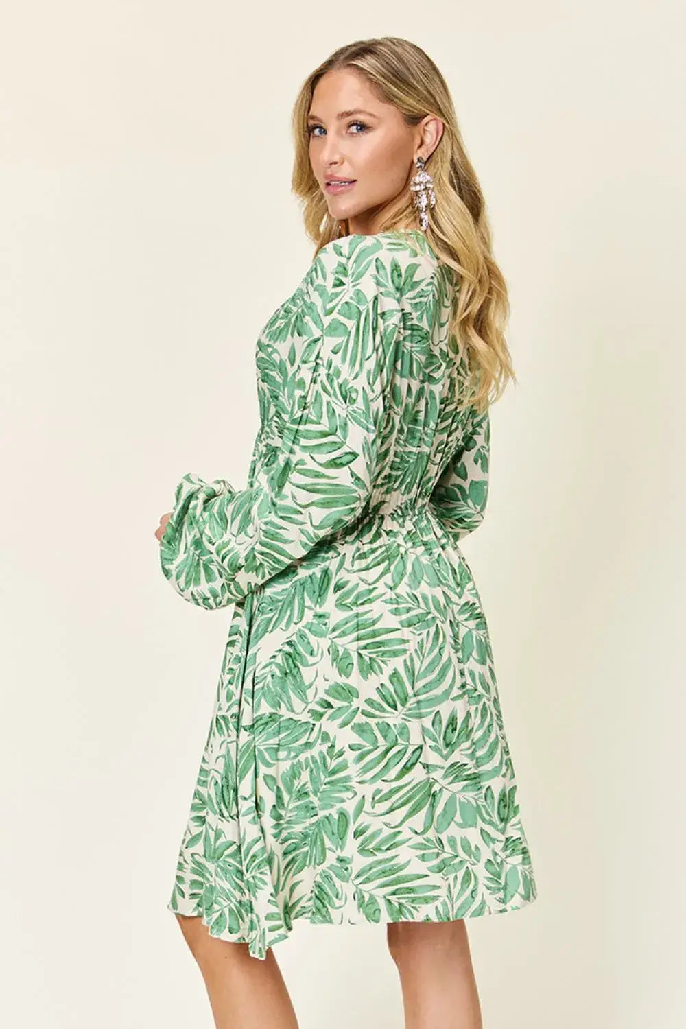 Double Take Full Size Printed Ruched Balloon Sleeve Dress - Trendsi - Flyclothing LLC