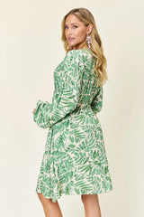 Double Take Full Size Printed Ruched Balloon Sleeve Dress - Trendsi - Flyclothing LLC