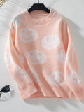 Smile Pattern Round Neck Long Sleeve Sweater - Trendsi