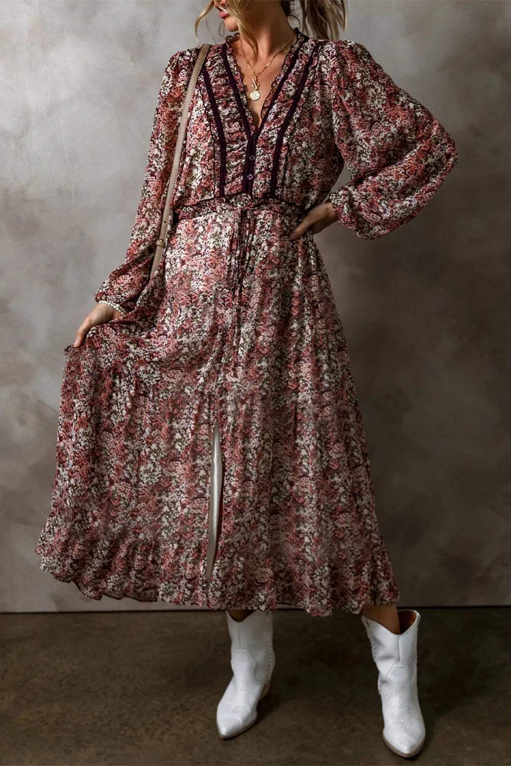 Frill Printed V-Neck Long Sleeve Midi Dress - Trendsi - Flyclothing LLC