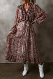 Frill Printed V-Neck Long Sleeve Midi Dress - Trendsi - Flyclothing LLC