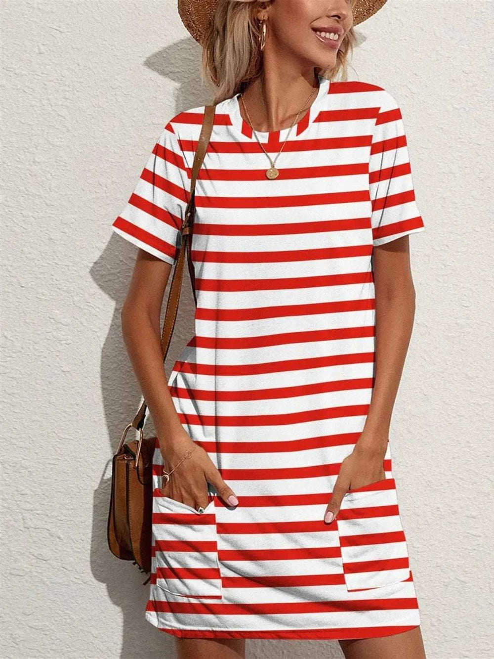 Contrast Striped Round Neck Short Sleeve Dress - Trendsi - Flyclothing LLC