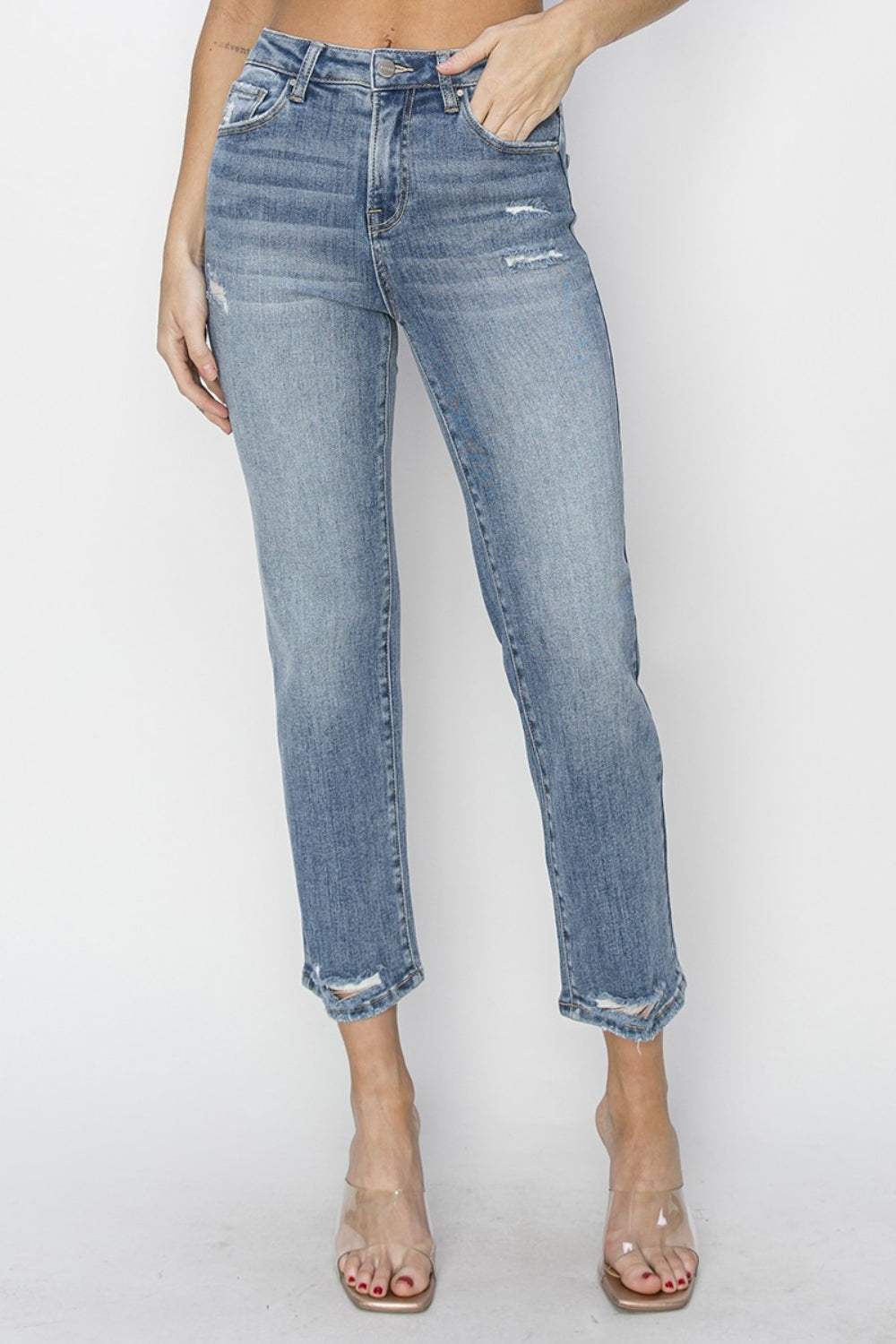 RISEN Full Size High Waist Distressed Cropped Jeans - Trendsi - Flyclothing LLC