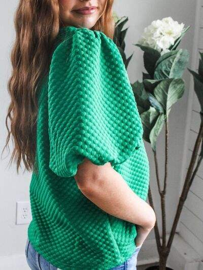 Texture Round Neck Puff Sleeve Blouse - Trendsi - Flyclothing LLC
