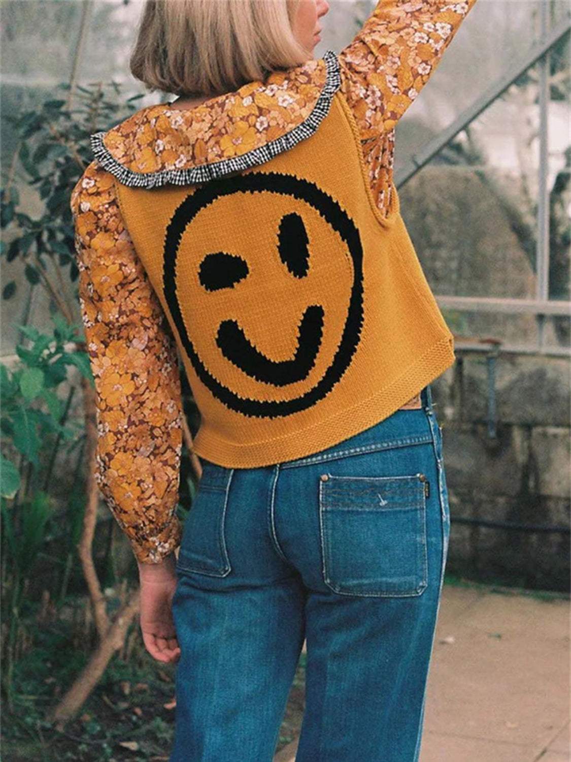 Smiley Round Neck Sweater Vest - Trendsi - Flyclothing LLC
