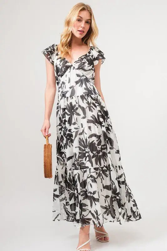 And The Why Ruffled Sleeve Tiered Floral Print Maxi Dress - Trendsi - Flyclothing LLC