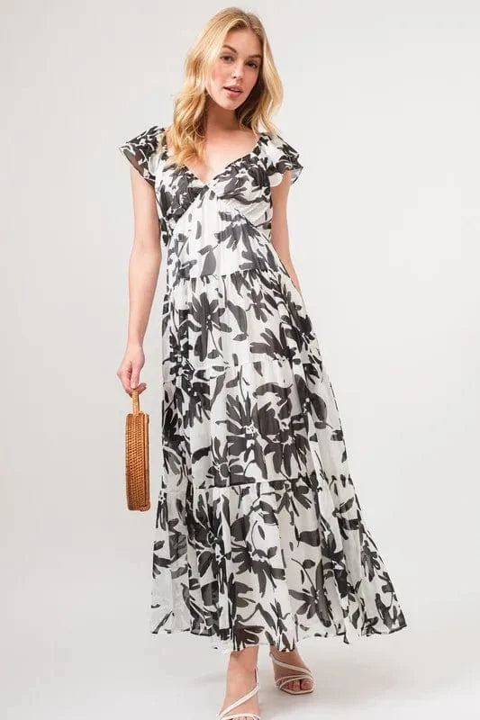 And The Why Ruffled Sleeve Tiered Floral Print Maxi Dress - Trendsi