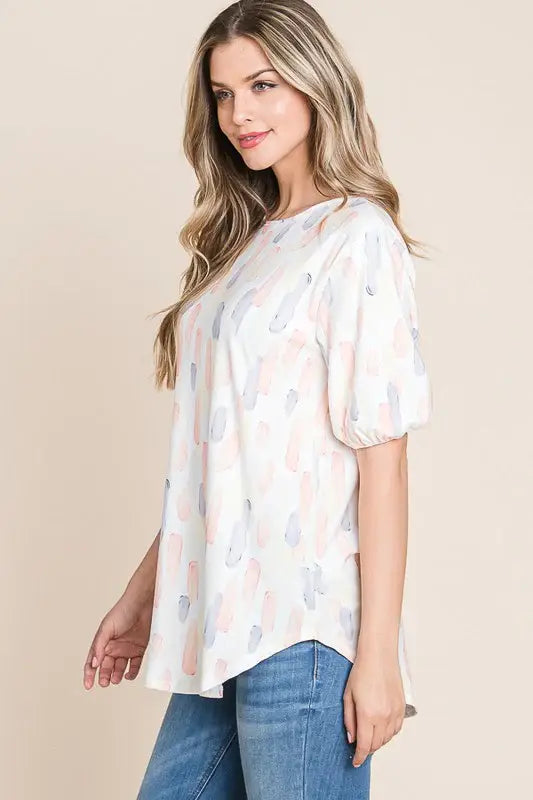 BOMBOM Round Neck Puff Short Sleeve Blouse - Trendsi - Flyclothing LLC