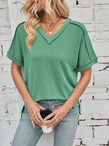 Cord Ribbed V-Neck Short Sleeve T-Shirt - Trendsi - Flyclothing LLC