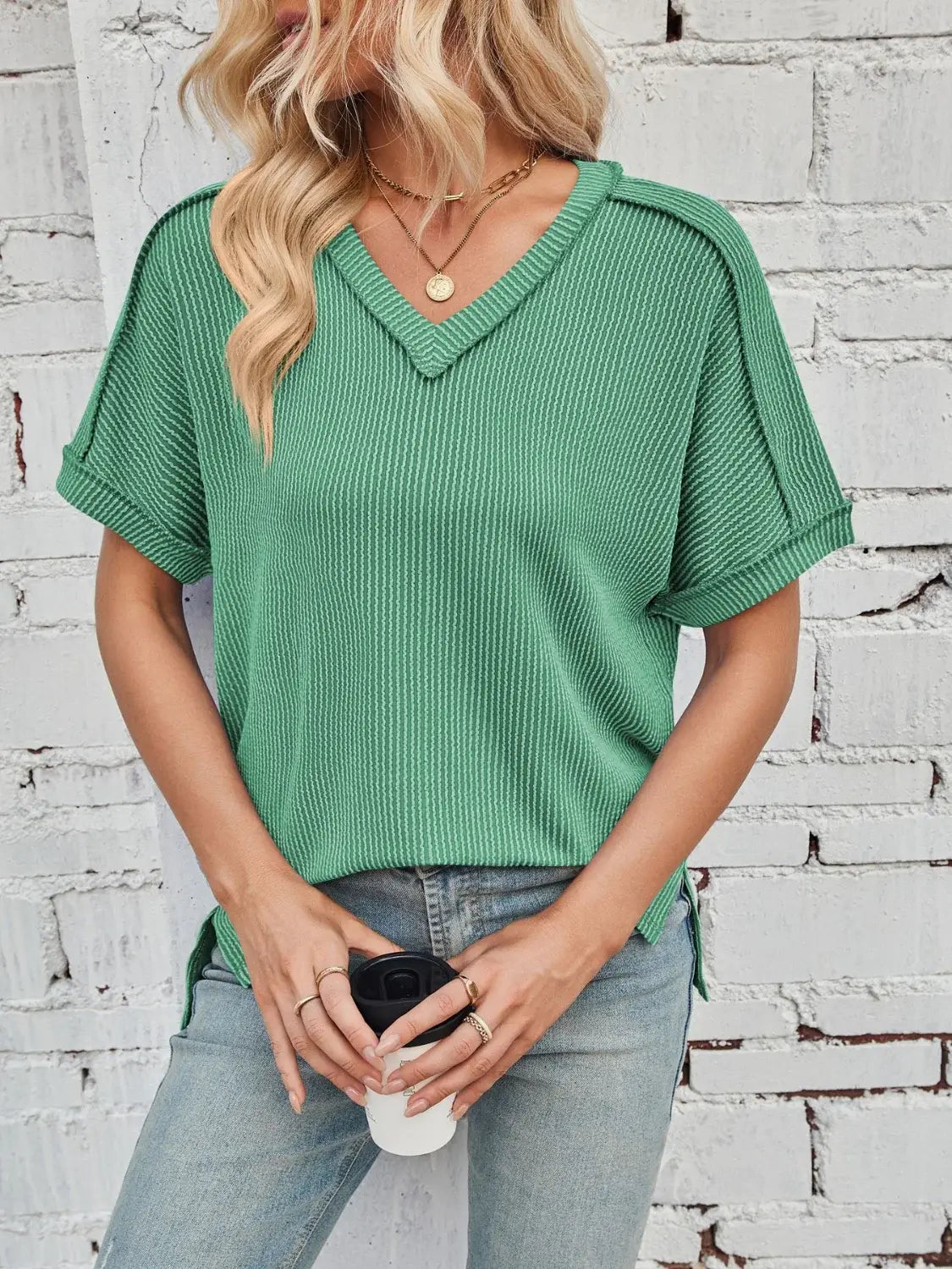 Cord Ribbed V-Neck Short Sleeve T-Shirt - Trendsi - Flyclothing LLC