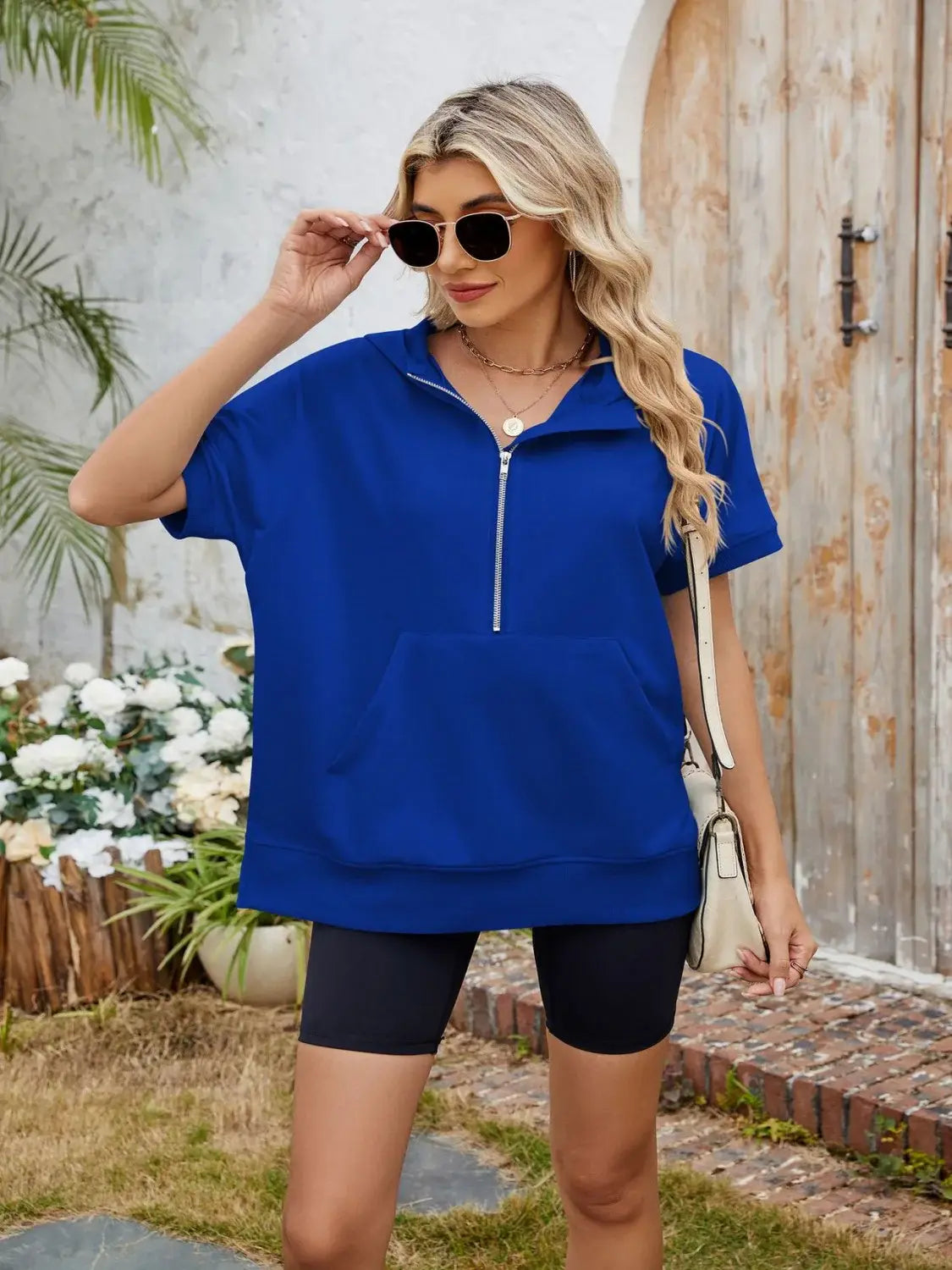 Half Zip Short Sleeve Hooded Top - Trendsi - Flyclothing LLC