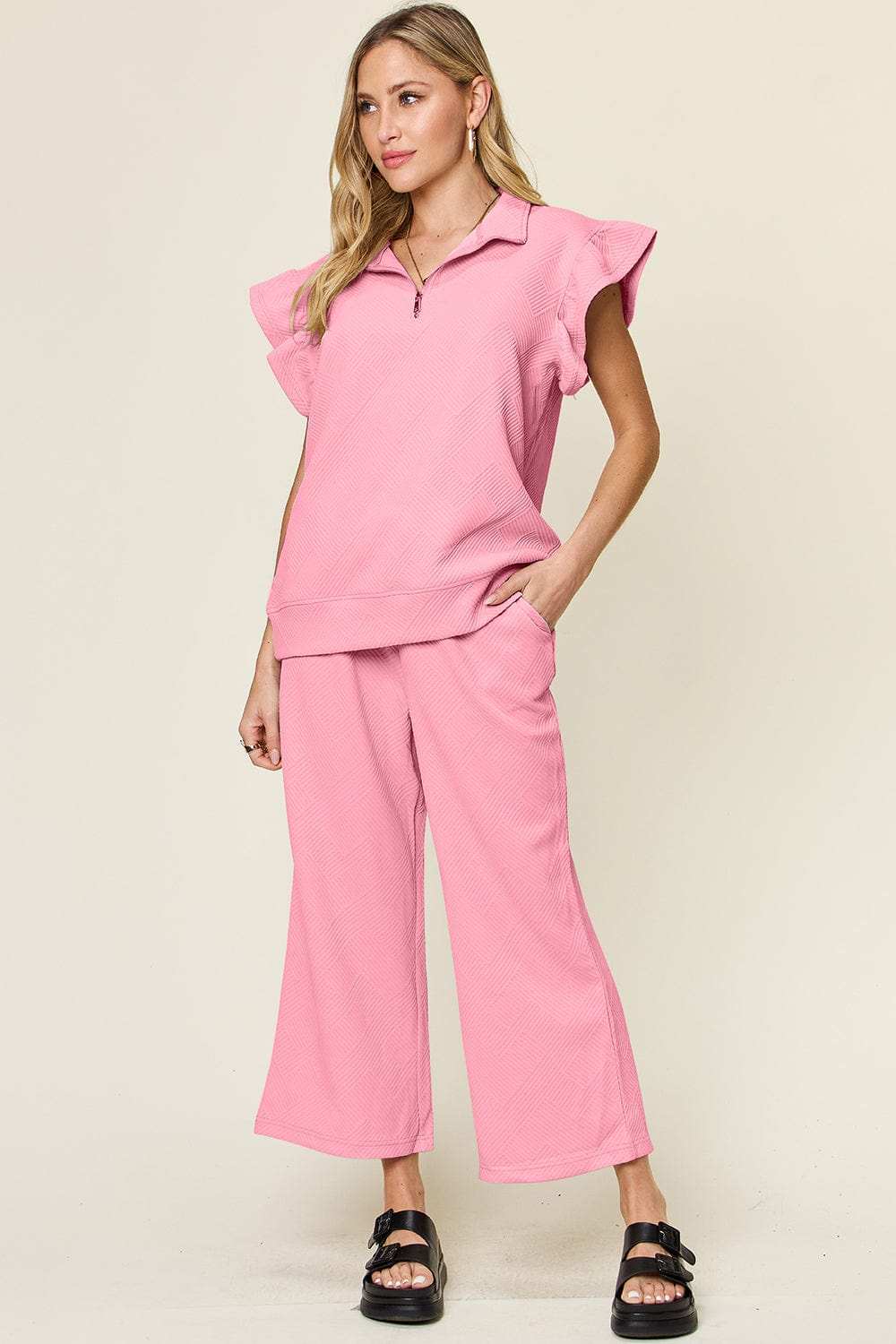 Double Take Texture Ruffle Short Sleeve Top and Drawstring Wide Leg Pants Set - Trendsi - Flyclothing LLC
